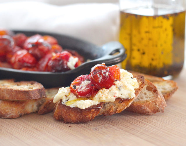 chili oil baked goat cheese with roasted cherry tomatoes